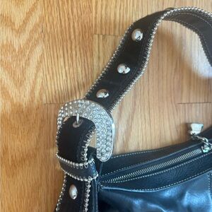Vintage black belt buckle rhinestone western shoulder bag purse
